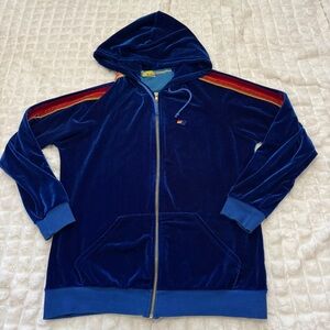 Aviator Nation Large Blue Velour Track Jacket ~ Full Zip Hood Rainbow Stripes